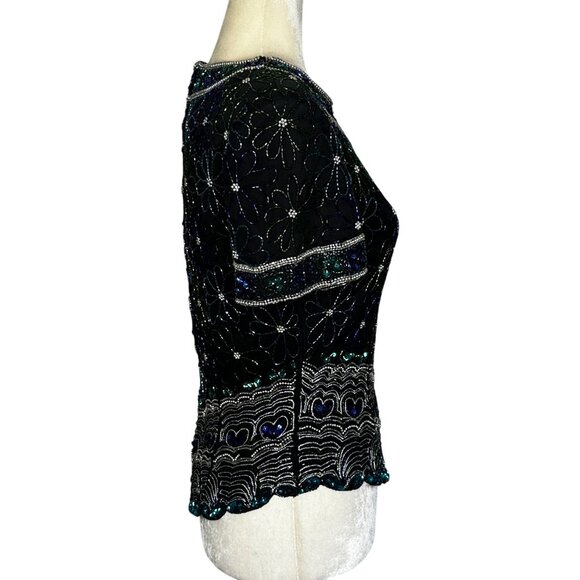 Laurence Kazar Black Beaded Silk Top Womens Small Vintage Sequin Party Blouse - Picture 4 of 12